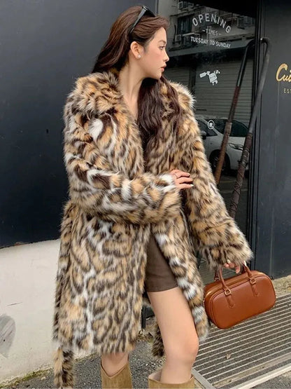 Faux fur coat with 80cm length, fur collar, and street fashion pockets in artificial fur fabric