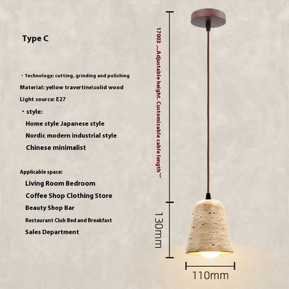 Retro yellow cave stone pendant light with iron body and yellow marble lampshade, hanging wire LED bedside chandelier