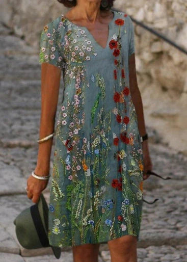 Women's cotton blend printed dress in navy blue, blue, and green for spring fashion