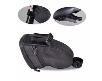 Durable Mountain Bike Tail Bag attached to a bicycle, showcasing its sleek design and waterproof storage.