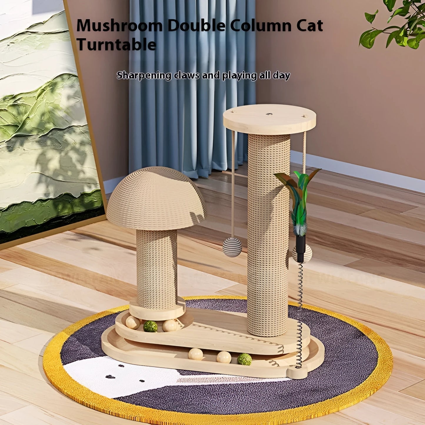 Solid wood cat scratching post with turntable base, 50cm tall with 30cm diameter