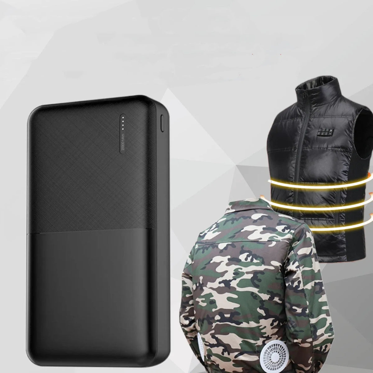 Black and white 20000 mAh power bank with heating function showing multi-USB ports