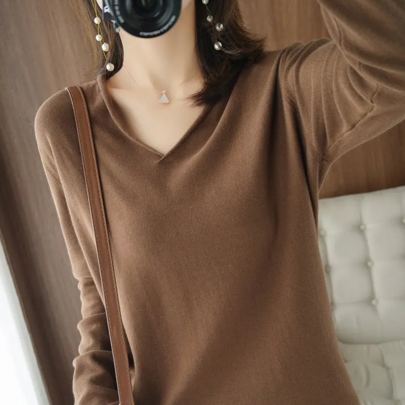 Women's V-neck long sleeve knitwear top in multiple colours with non-ironing fabric