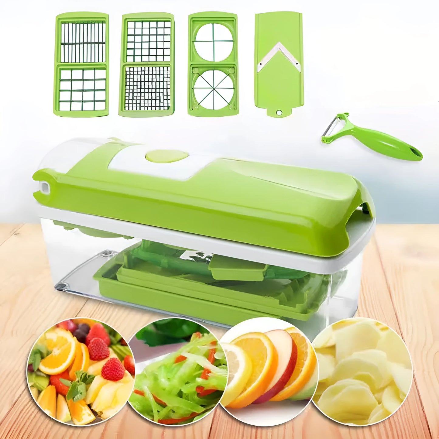 Green manual food chopper kitchen gadget with stainless steel blades for vegetable and herb preparation