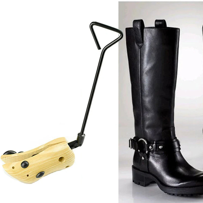 Wooden adjustable length boots expander that stretches shoe width and length by up to 2cm, preventing blisters and maintaining shoe shape across EU sizes 35-46