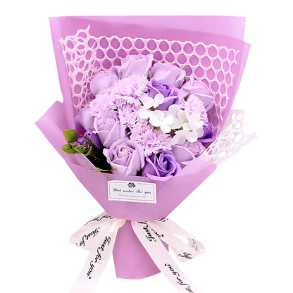 Handmade 19 rose soap bouquet in pink, red, blue, purple, or white, arranged in gift box for events