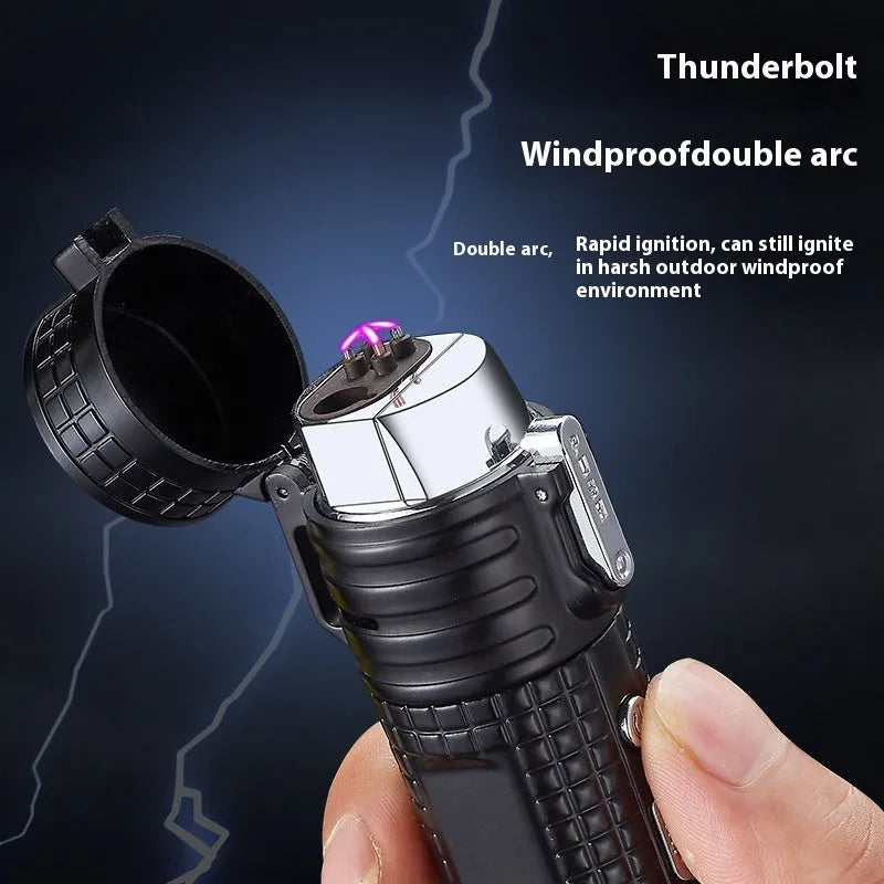 TH727 metal waterproof flashlight lighter in camouflage colour showing plasma arc and torch beam