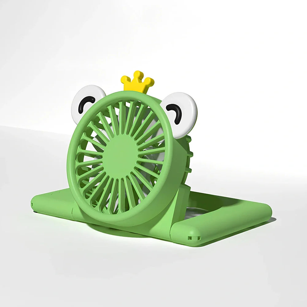Green and pink neck fan with card design, 120x75x22.5mm dimensions, USB charging port