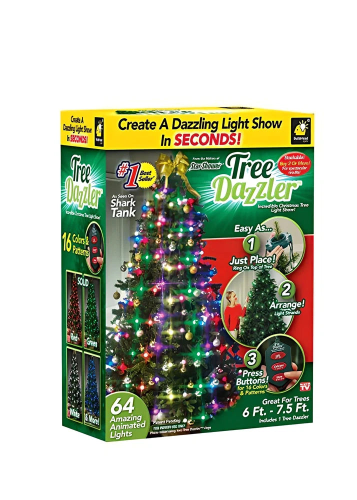 64 LED Christmas string lights set, eight 1.5m wires, PP beads, 12m total for tree decoration, UK plug