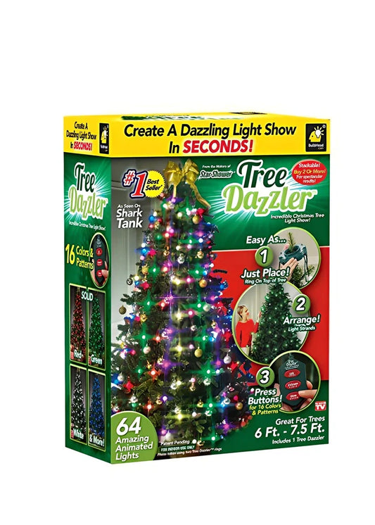 64 LED Christmas string lights set, eight 1.5m wires, PP beads, 12m total for tree decoration, UK plug