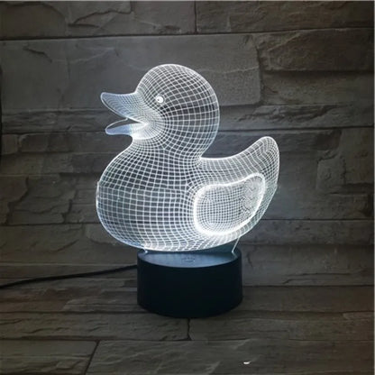 Little Yellow Duck 3D night light with remote control, showing seven colour options and dimensions of 200x150x87mm
