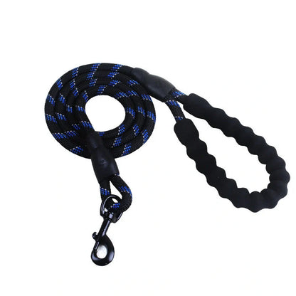 Reflective dog leash with foam handle showing 1.5m length and zinc alloy hook