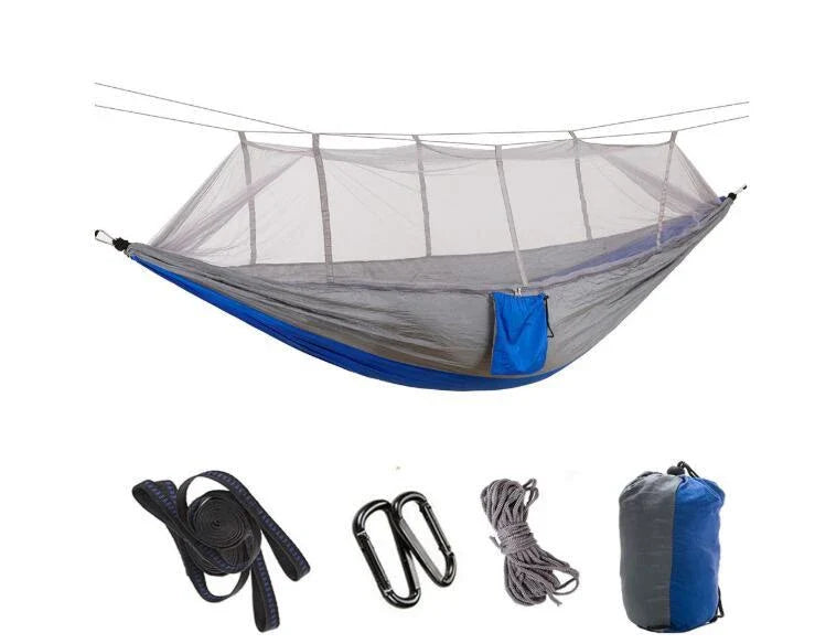 Lightweight and portable parachute hammock with mosquito net for outdoor relaxation