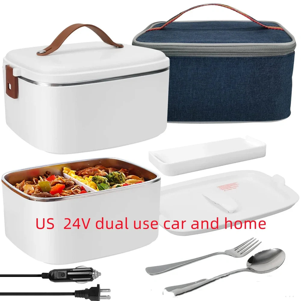 White car heating lunch box with stainless steel interior showing power cords and utensils
