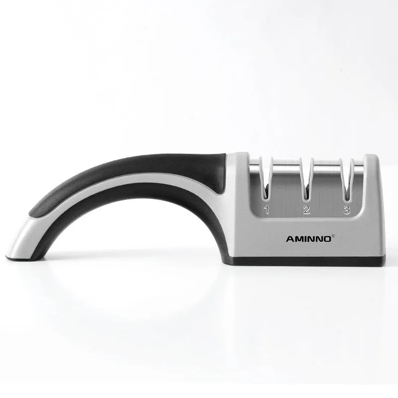 Black and cyan four-in-one kitchen knife sharpener with multiple sharpening rods on display