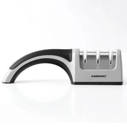 Black and cyan four-in-one kitchen knife sharpener with multiple sharpening rods on display