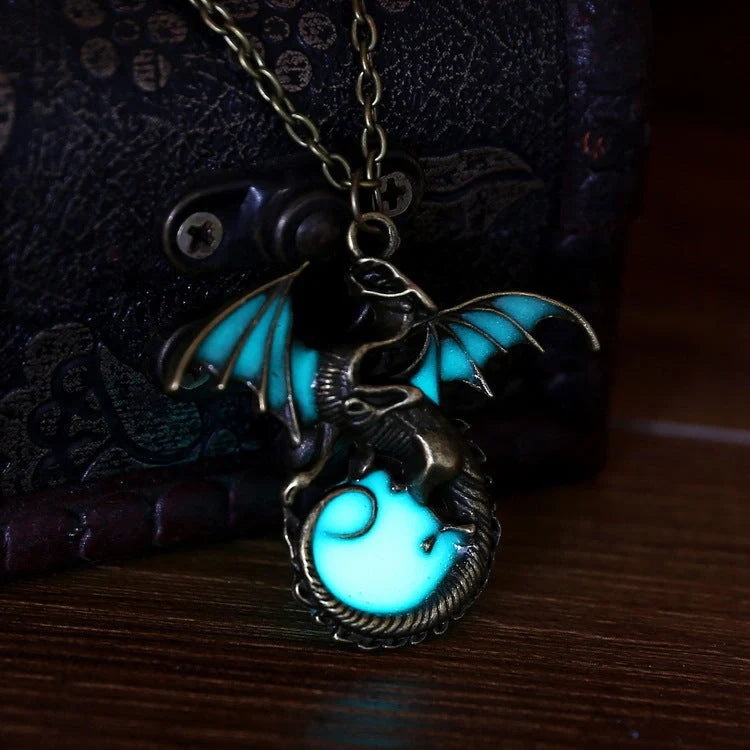 Glowing Vintage Flying Dragon Necklace with luminous pendant in ancient bronze and silver plating options