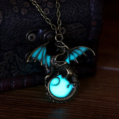 Glowing Vintage Flying Dragon Necklace with luminous pendant in ancient bronze and silver plating options