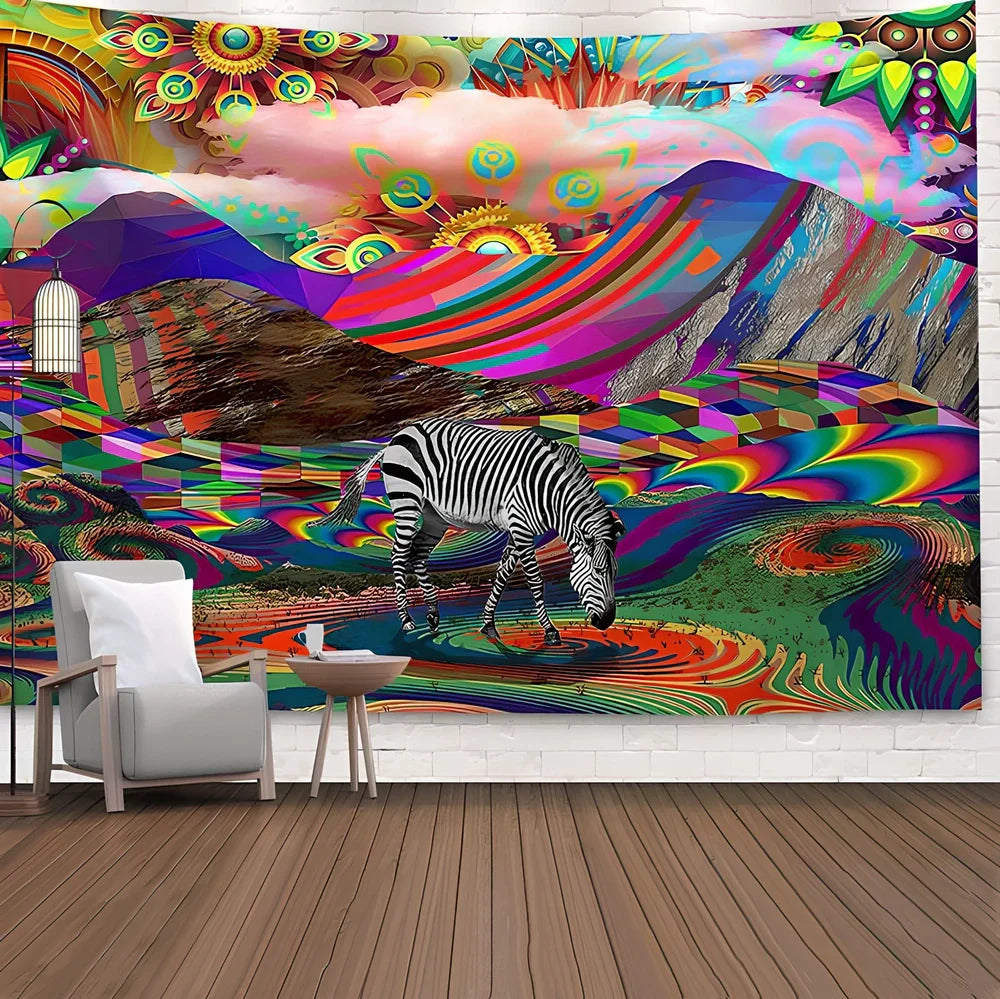 Bohemian psychedelic sunset pattern tapestry in polyester fibre with machine-woven construction