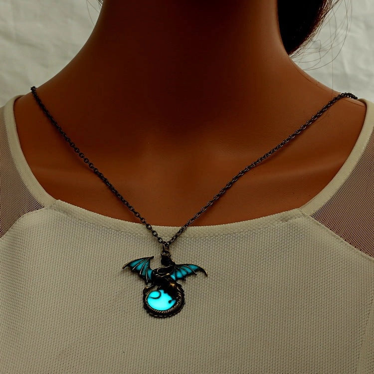 Glowing Vintage Flying Dragon Necklace with luminous pendant in ancient bronze and silver plating options