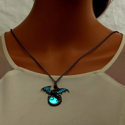 Glowing Vintage Flying Dragon Necklace with luminous pendant in ancient bronze and silver plating options