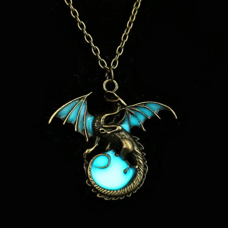 Glowing Vintage Flying Dragon Necklace with luminous pendant in ancient bronze and silver plating options