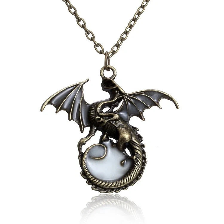 Glowing Vintage Flying Dragon Necklace with luminous pendant in ancient bronze and silver plating options