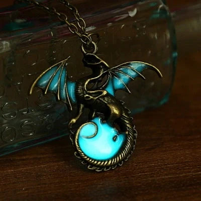 Glowing Vintage Flying Dragon Necklace with luminous pendant in ancient bronze and silver plating options