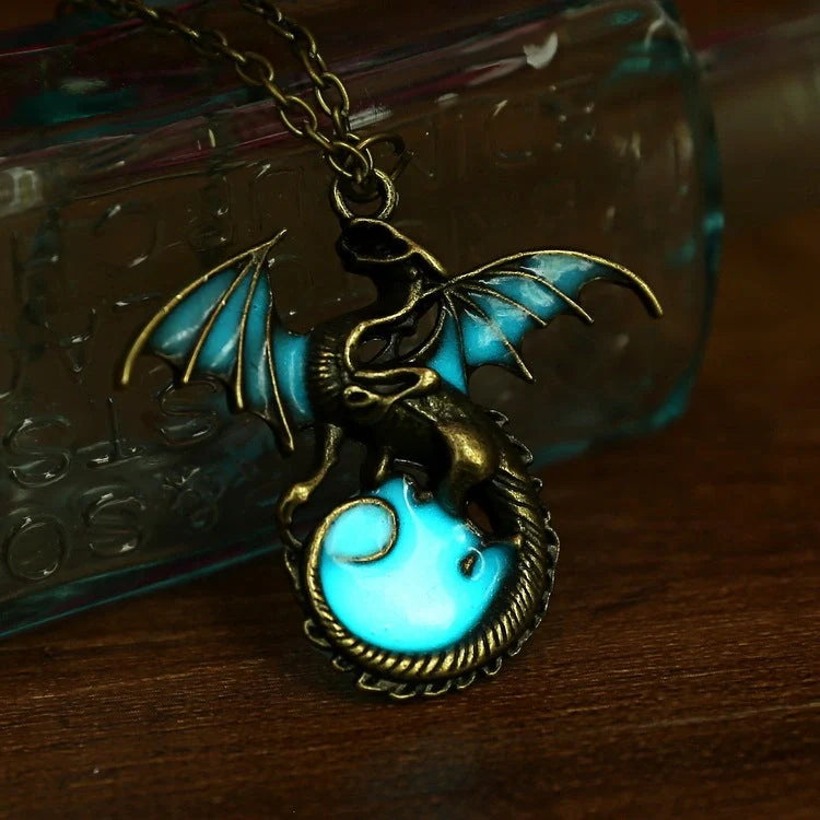 Glowing Vintage Flying Dragon Necklace with luminous pendant in ancient bronze and silver plating options
