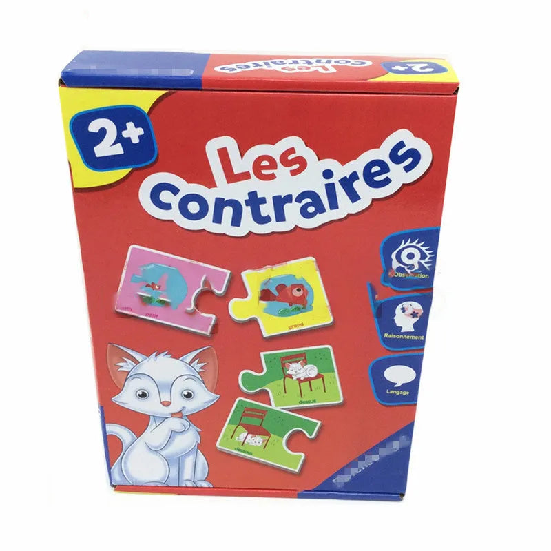 French learning puzzle toy with 24 picture-word cards on paper plate material for children over 2 years