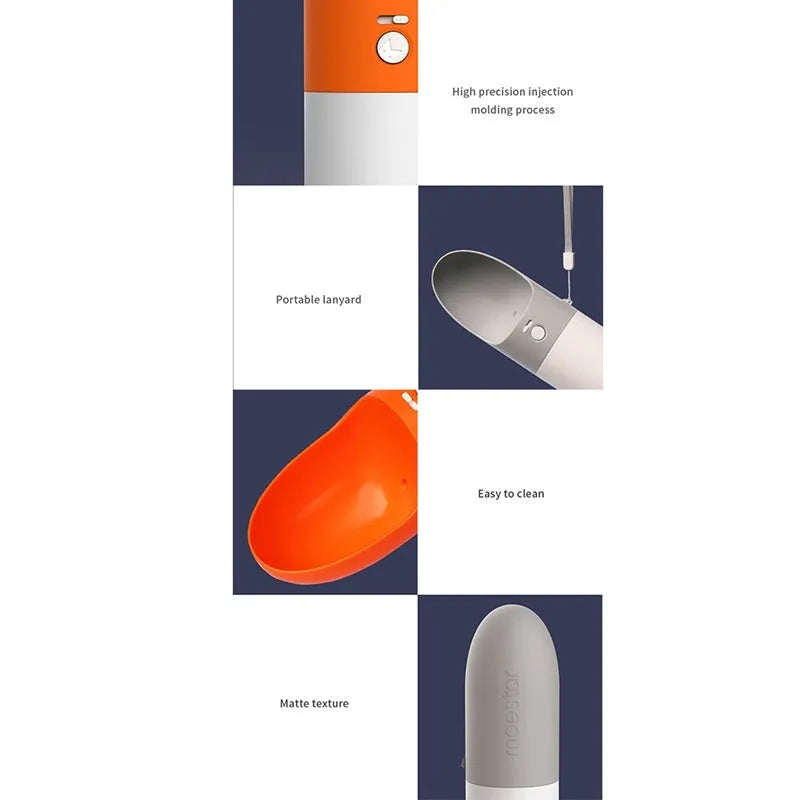 White and grey rocket-shaped pet water bottle with drinking outlet and lock button