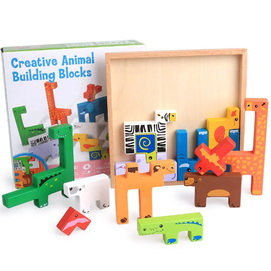 Beech wood animal stacking blocks for children aged 3+, showing interlocking animal shapes in natural wood finish