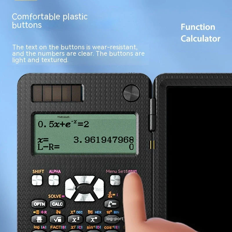 Ergonomic 2-in-1 scientific calculator with foldable writing pad, blue LCD screen, and compact design