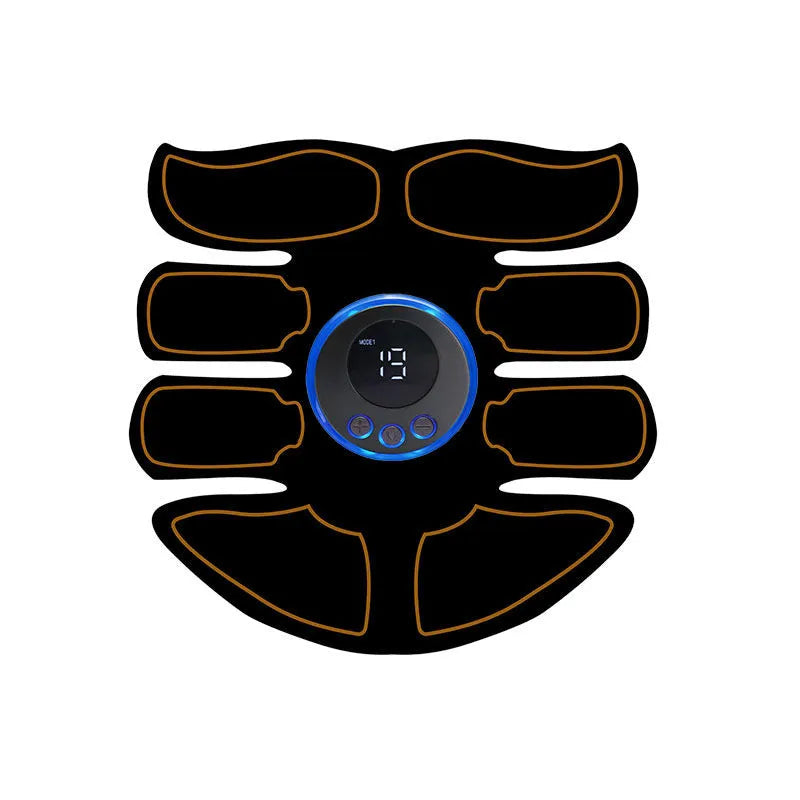 Digital display abdominal muscle patch with six massage pads and charging base in red, blue, and yellow edge options