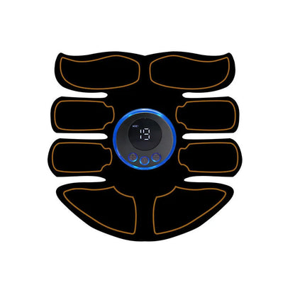 Digital display abdominal muscle patch with six massage pads and charging base in red, blue, and yellow edge options