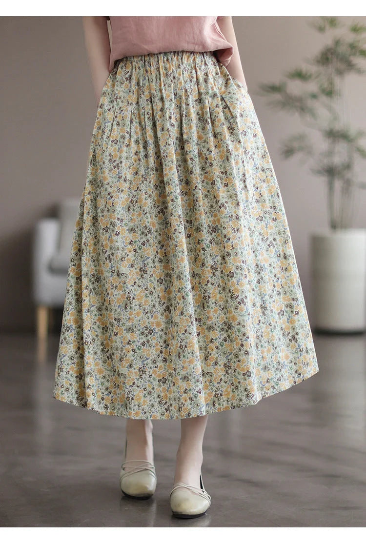 Chic floral printed cotton skirt in vibrant colors, perfect for any occasion.
