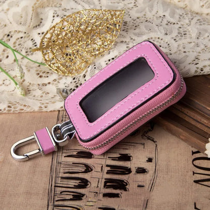 White genuine leather car key case with square vertical design