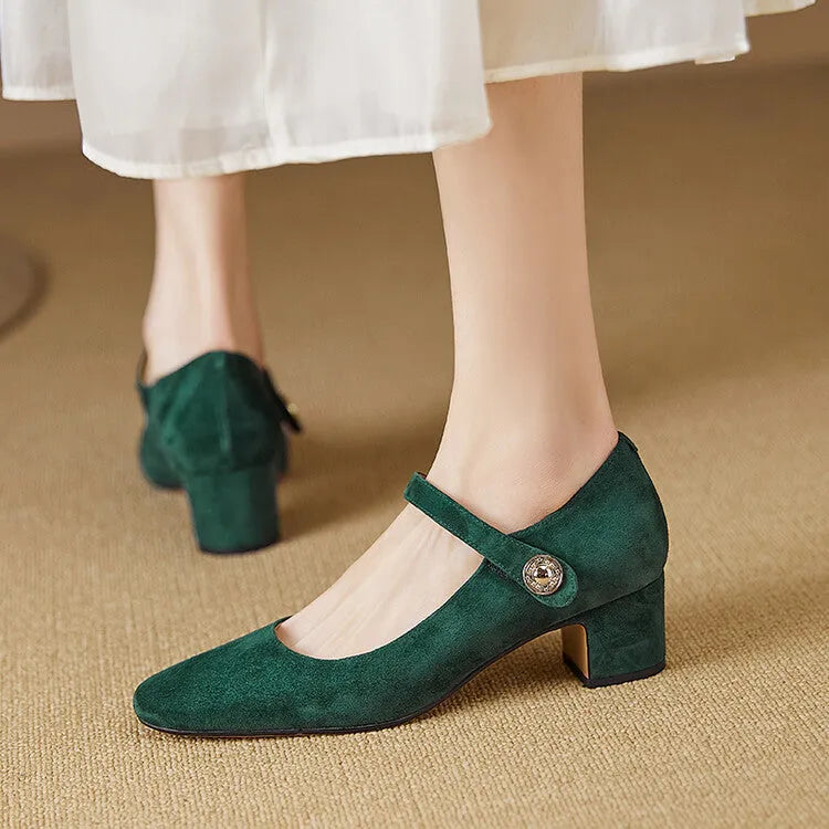 Women's black suede Mary Jane shoes with chunky heels and square toe design