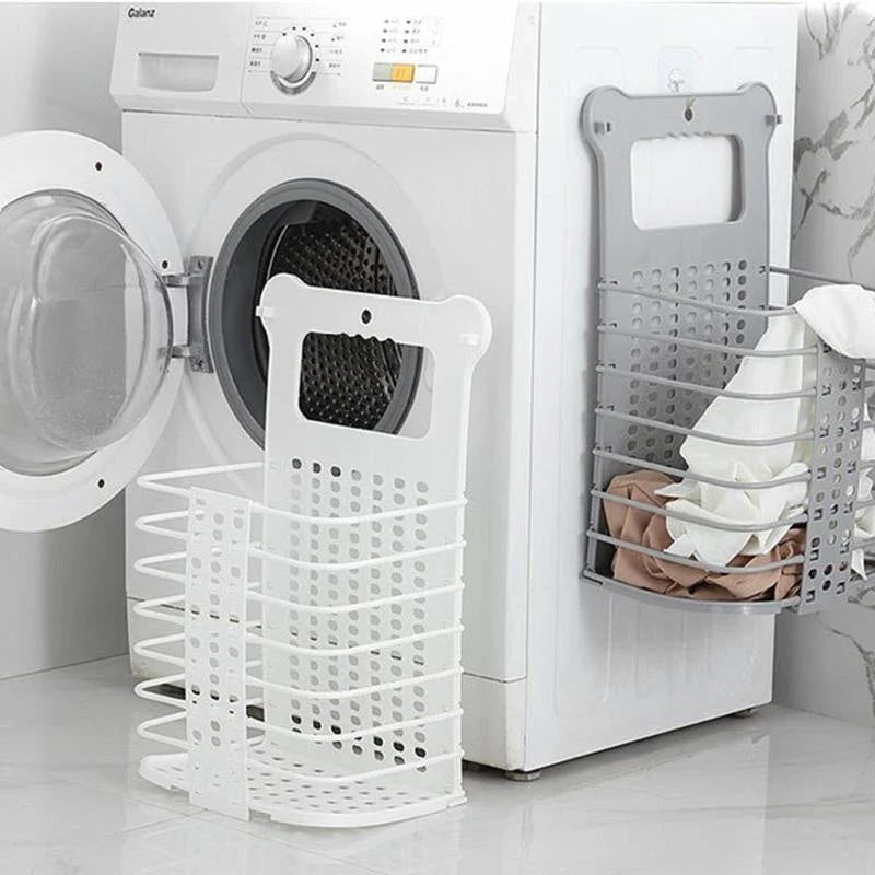 Foldable laundry basket made of sturdy polypropylene material, featuring hooks for wall-mounting and a collapsible design for compact storage.