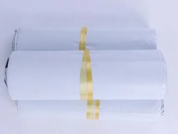 A pack of flat, sealed white PE plastic courier bags with an adhesive strip, showing size options and colour variations.