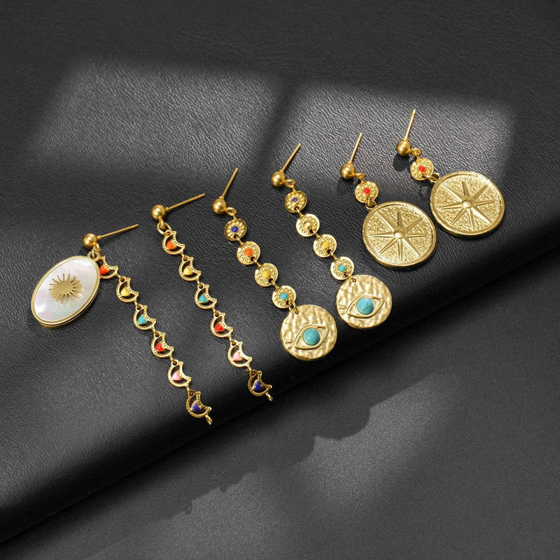Earrings for women with stainless steel construction and geometric design, available in eight Awn Star, Eye, or Shell Sun earring styles, offering affordable fashion jewellery with personality-driven aesthetic appeal