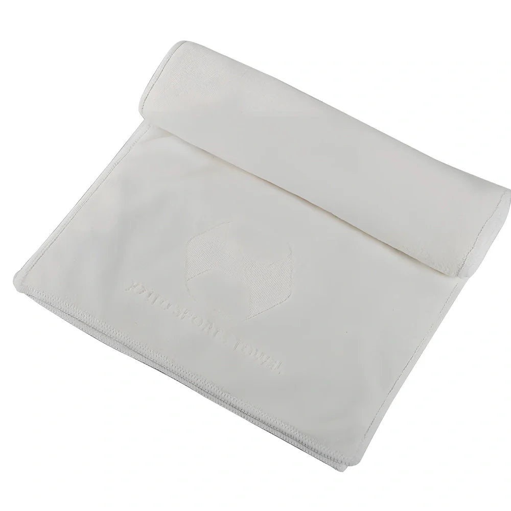 Blue sports sweat absorbent towel with 100x30cm dimensions and polyester-nylon fabric for athletic use