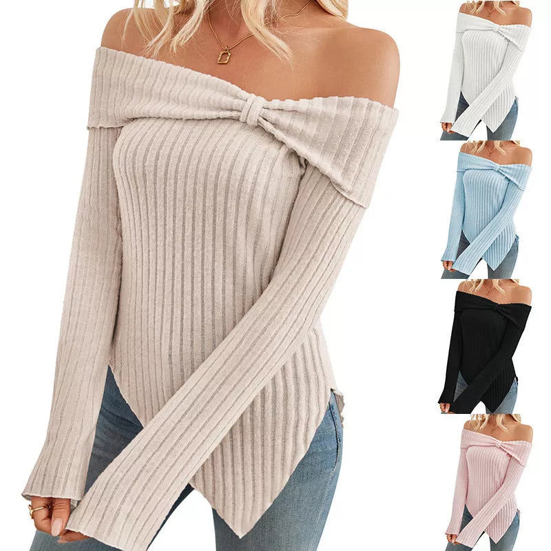 Women's ribbed knit one shoulder sweater with bow tie detail in various colors