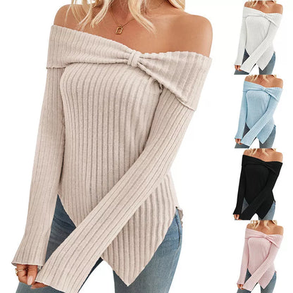 Women's ribbed knit one shoulder sweater with bow tie detail in various colors