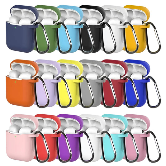 Liquid silicone protective clamshell case for Apple AirPods, shown in multiple colours on a white background.