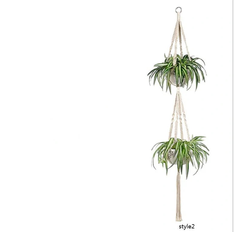 Set of four hand-made macrame hanging baskets for plants, made from 100% cotton rope.