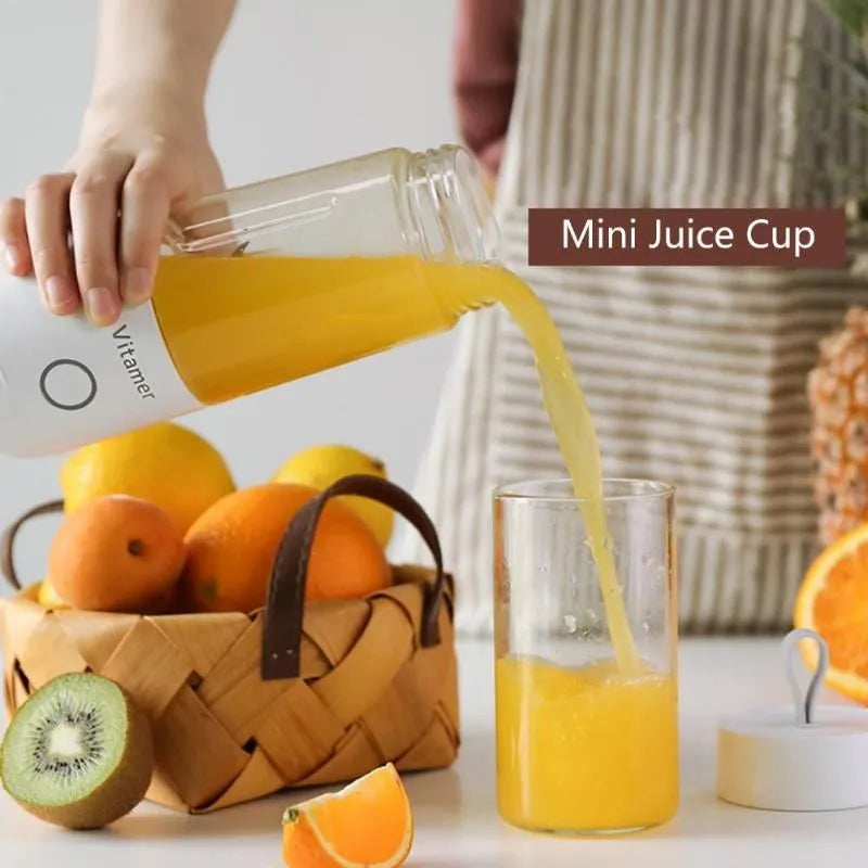 White portable USB rechargeable blender bottle with silicone carrying ring, 350ml capacity.
