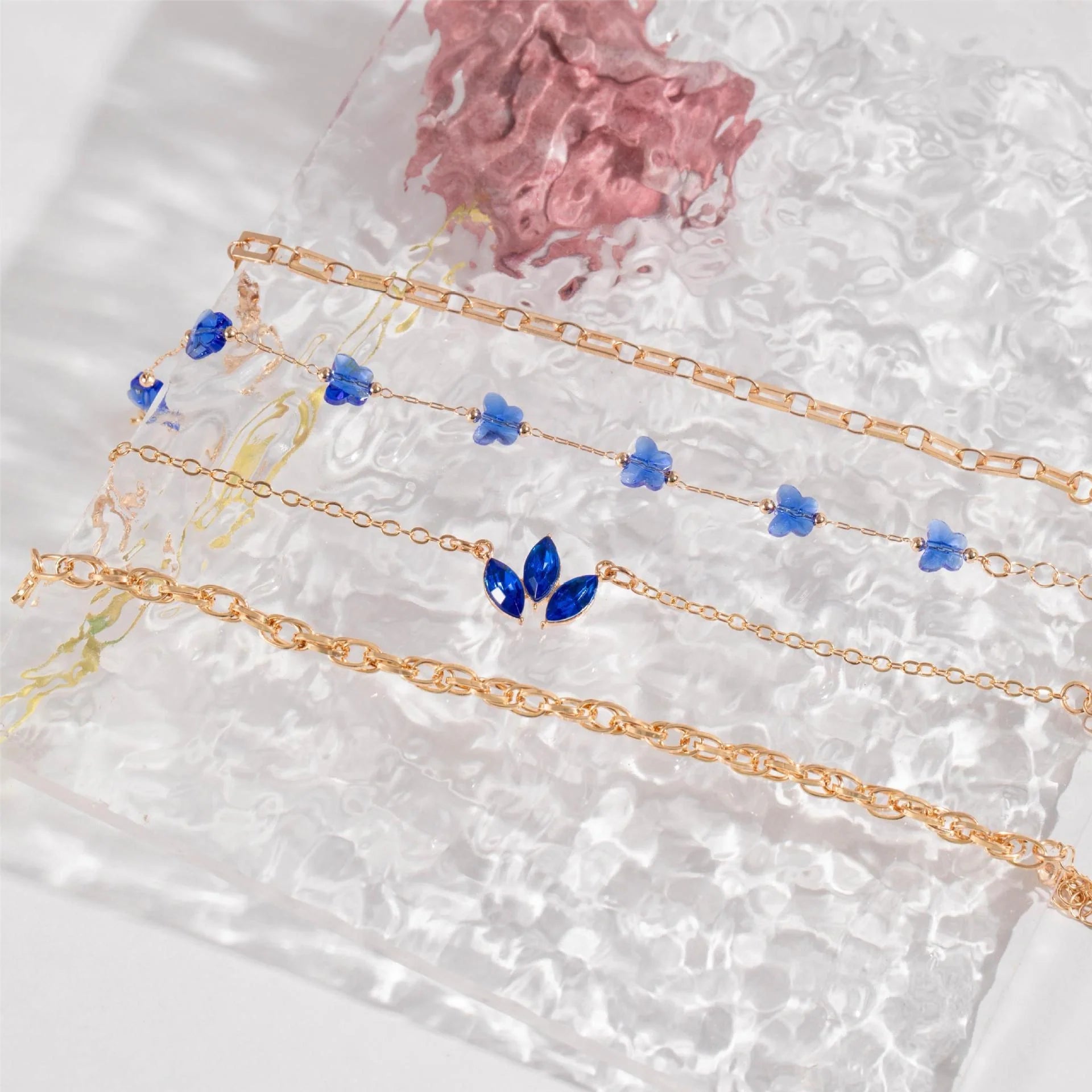 4-piece blue flower love butterfly bracelet set with rhinestones, perfect for Valentine's Day