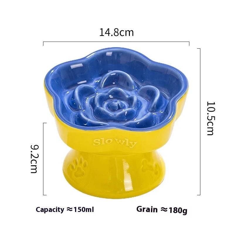 White ceramic pet bowl with high foot neck protector showing 15cm diameter and 8cm height measurement