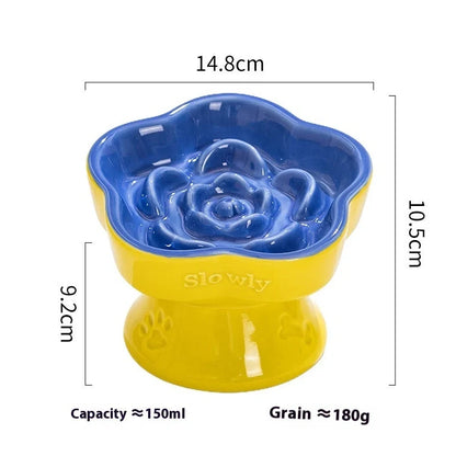 White ceramic pet bowl with high foot neck protector showing 15cm diameter and 8cm height measurement